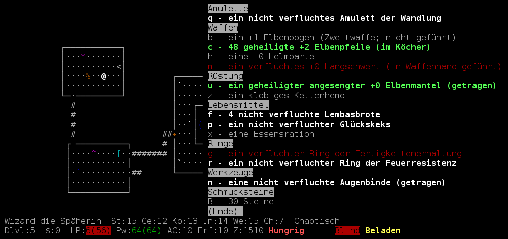 Screenshot NetHack-De showing the inventory